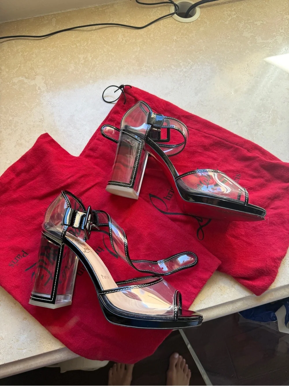 Christian Louboutin Black Patent and Clear Strappy Block Heel Sandals